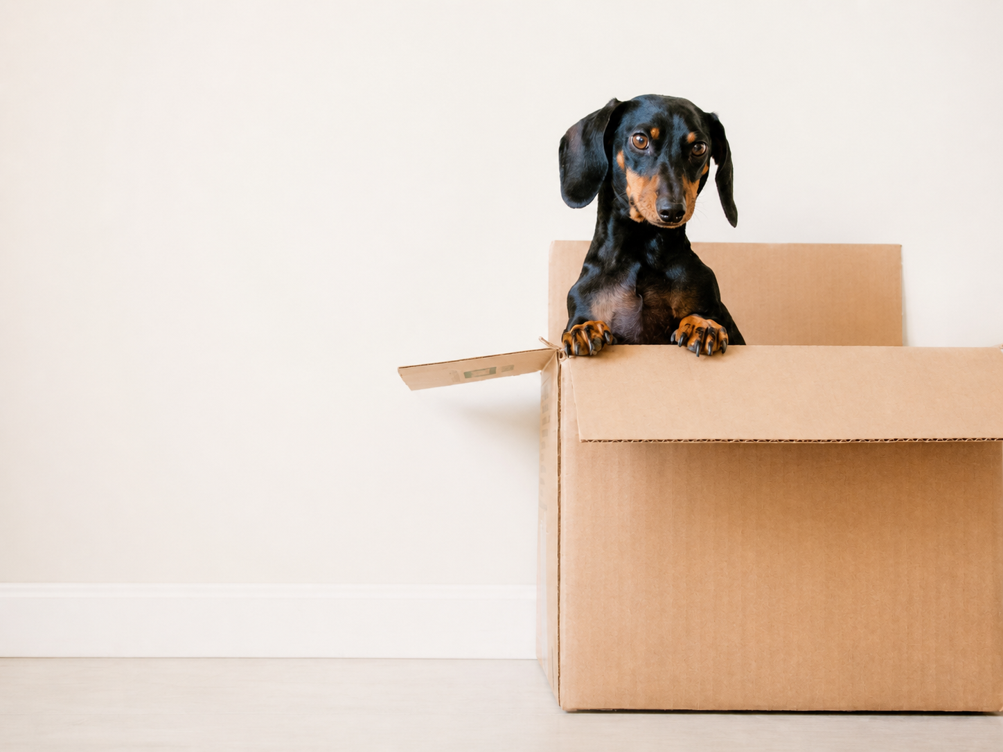 A dachshund sitting inside a moving box