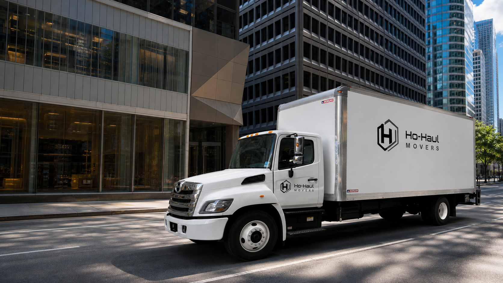 HoHaul moving truck in downtown Chicago