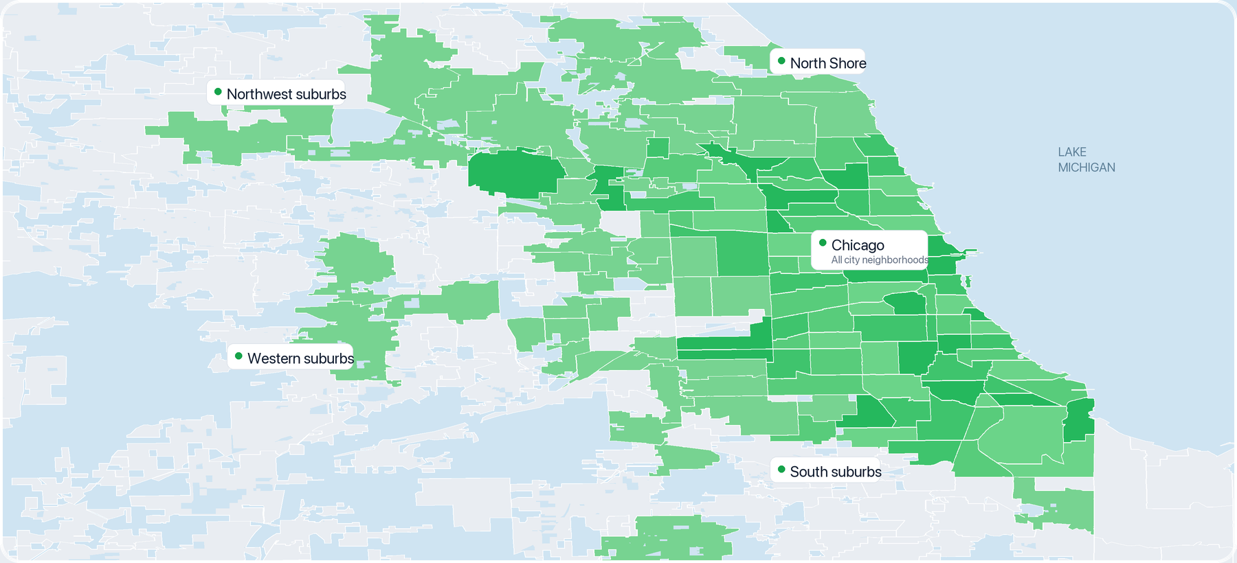 Modern map showing individual HoHaul service areas across Chicago and surrounding suburbs in green